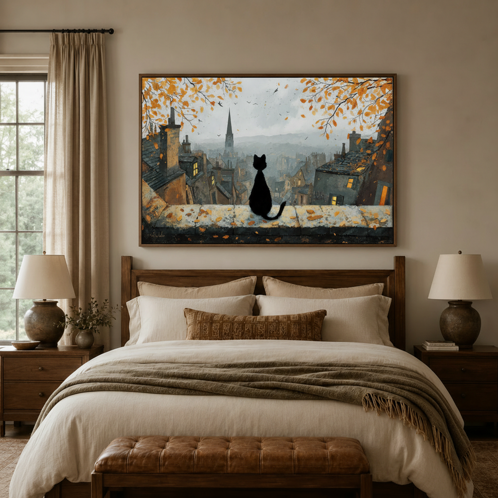 Black cat silhouette autumn city canvas wall art above wooden bed headboard in warm cozy bedroom setting
