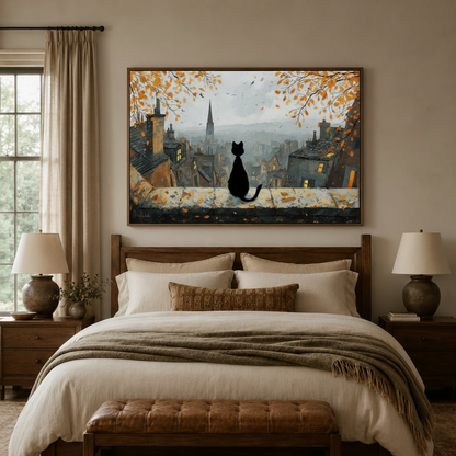 Black cat silhouette autumn city canvas wall art above wooden bed headboard in warm cozy bedroom setting
