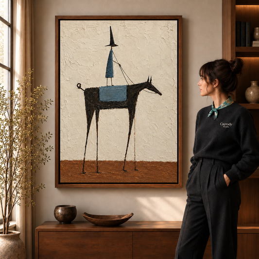 Horse canvas wall art in a walnut frame beside a woman in a warm living room.
