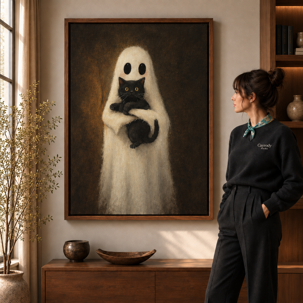 Framed ghost holding a black cat canvas displayed above a walnut console beside a woman.