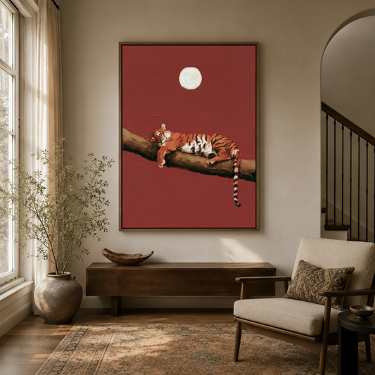 Tiger moon oil painting canvas wall art displayed in warm neutral entryway with console