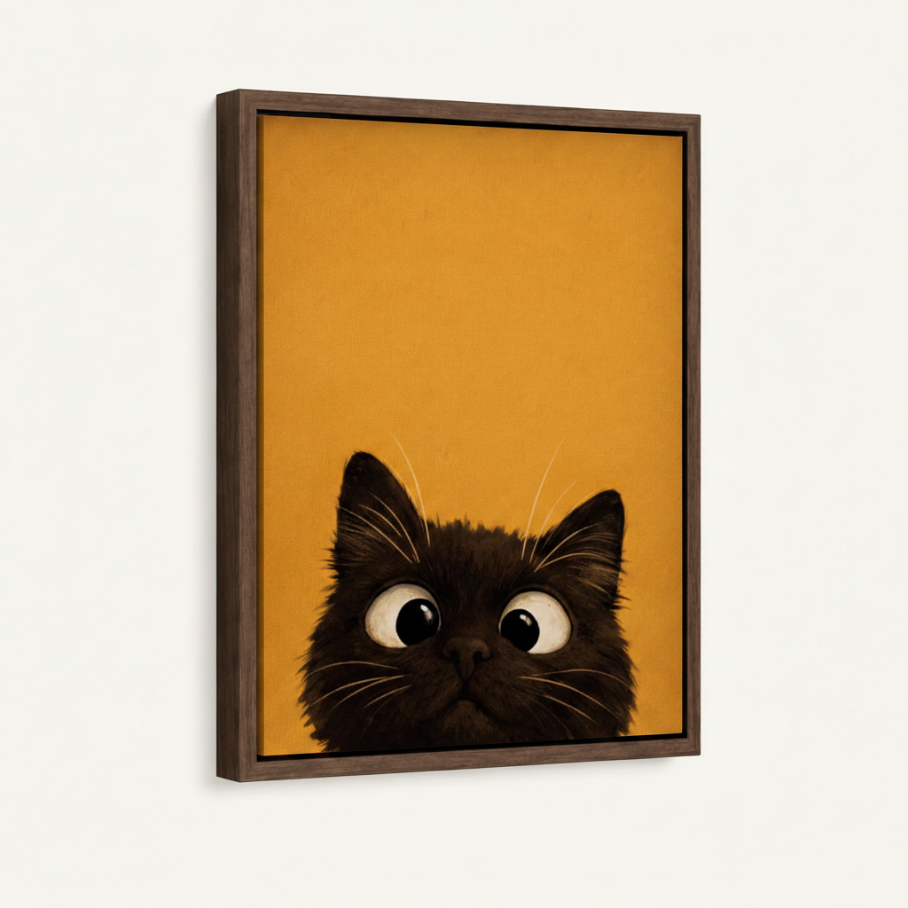 Whimsical black cat peeking canvas wall art in dark walnut float frame, angled product view