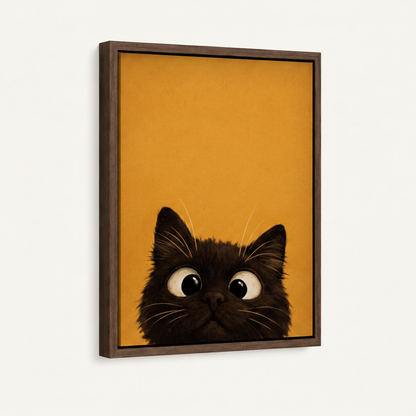 Whimsical black cat peeking canvas wall art in dark walnut float frame, angled product view