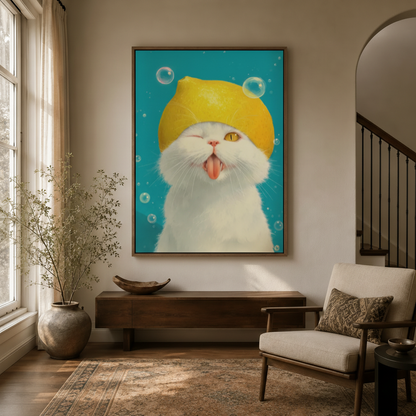 Lemon cat funny kawaii canvas wall art in dark walnut float frame above entryway console with warm natural light and dried branch arrangement