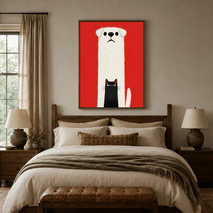 Minimalist white dog black cat canvas print above rustic wood bed headboard in a cozy neutral bedroom