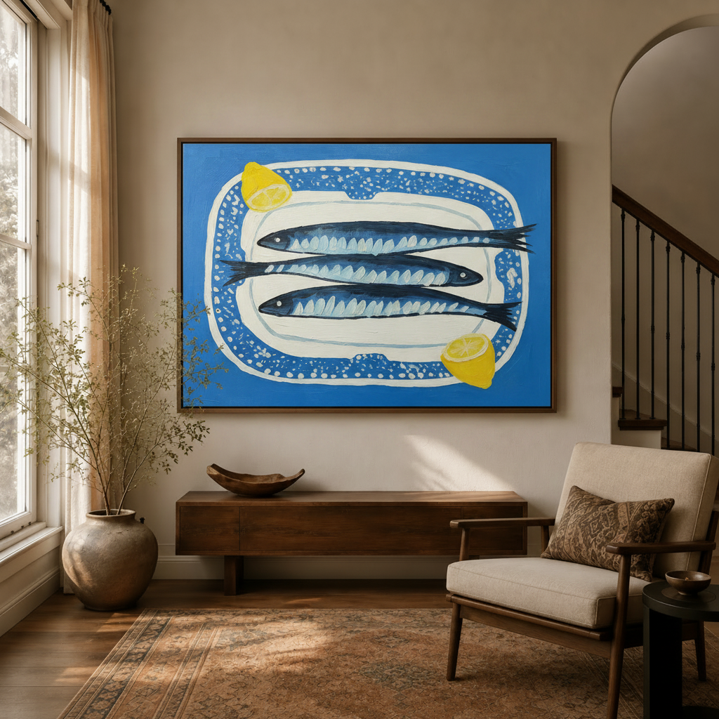 Mediterranean sardines still life canvas wall art displayed in a bright entryway with staircase and walnut console