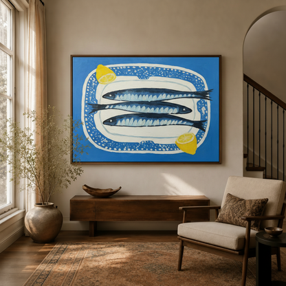 Mediterranean sardines still life canvas wall art displayed in a bright entryway with staircase and walnut console