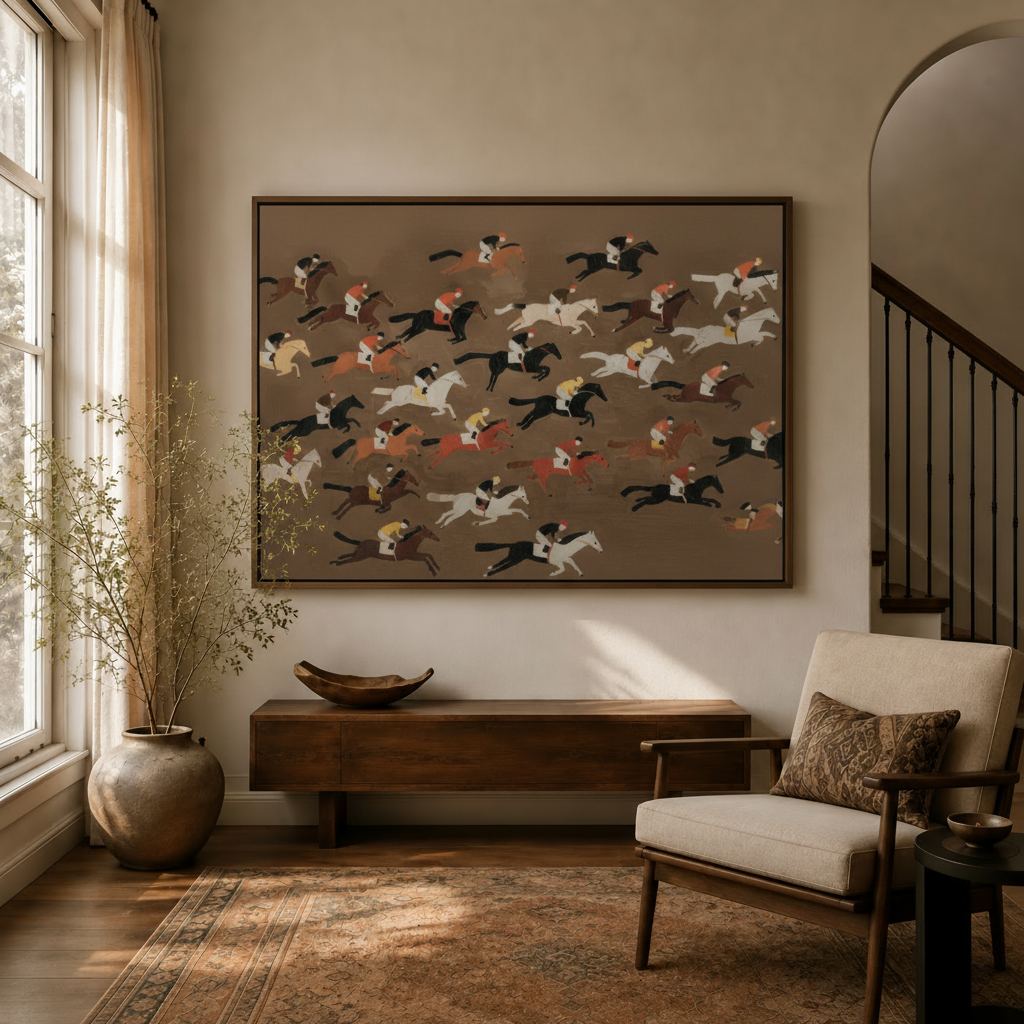 Folk art horse racing framed canvas wall art displayed in warm living room entryway