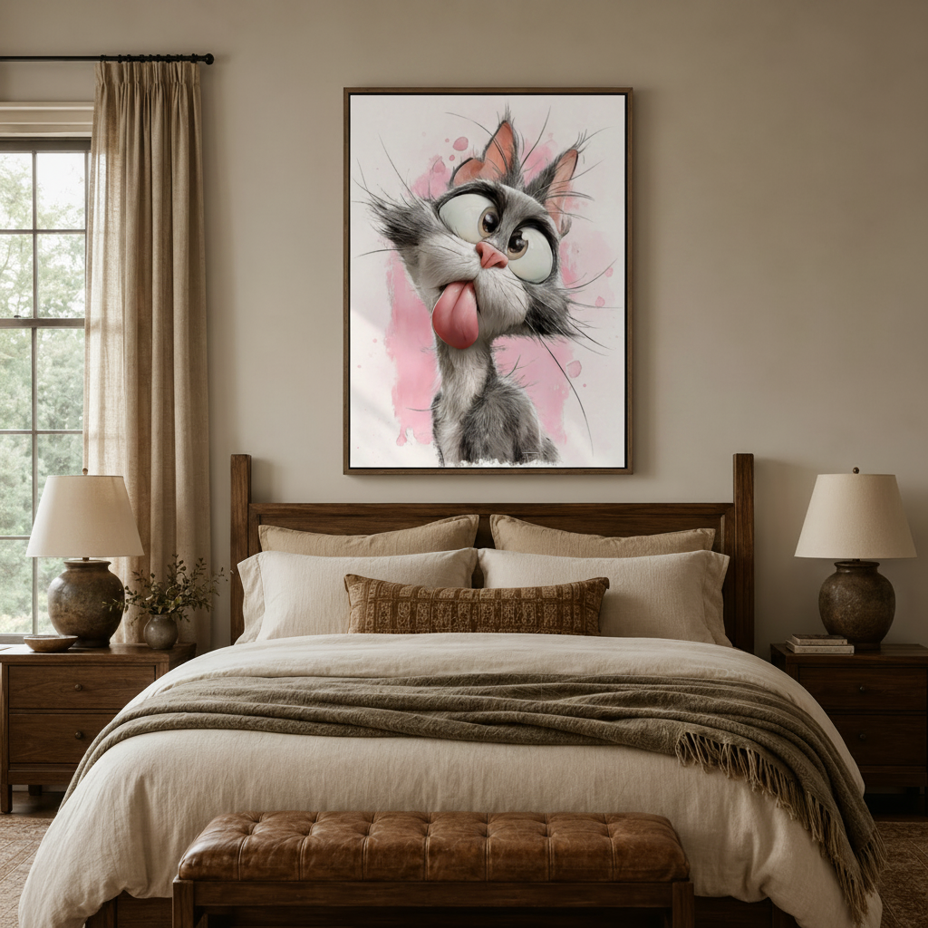 Silly gray cat sticking tongue out 3D cartoon canvas wall art displayed above bed in cozy bedroom