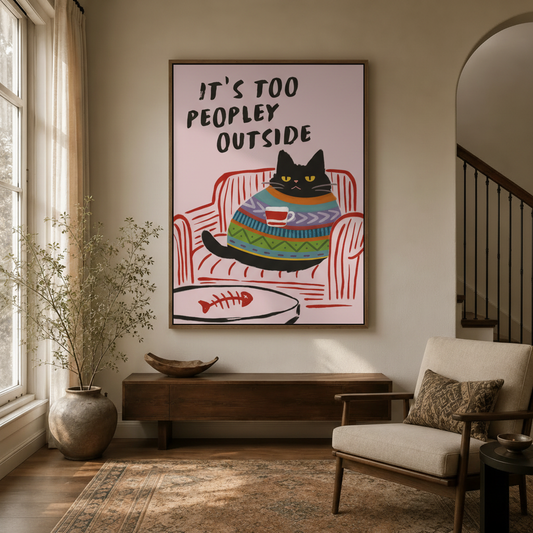 Humorous cat wall art displayed in a modern entryway with warm neutral tones
