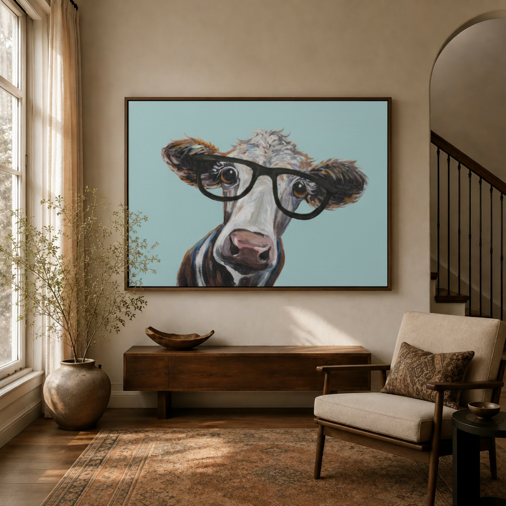 Whimsical cow glasses canvas wall art displayed in a stylish modern interior