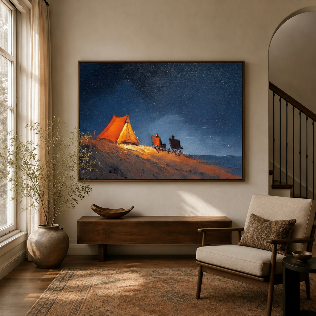 Starry night camping canvas wall art displayed in a warm modern entryway above a walnut console