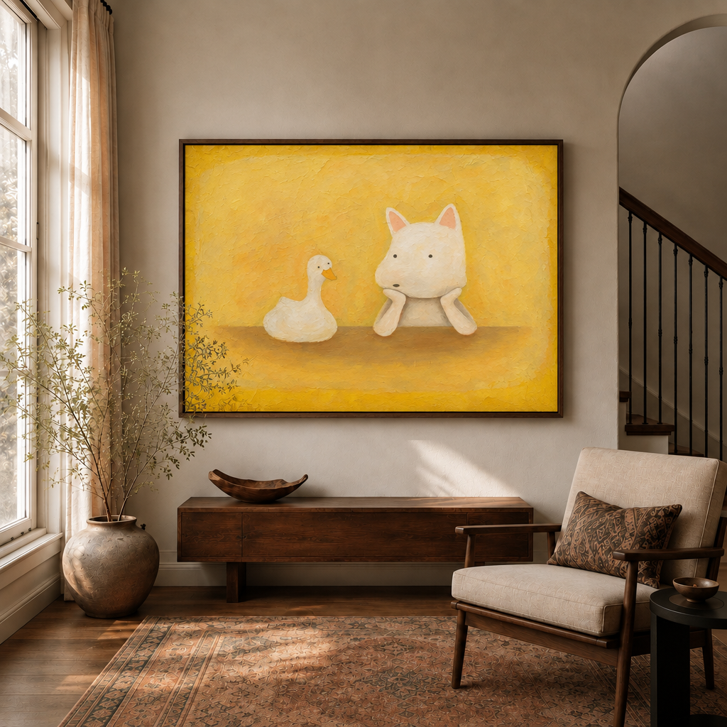 Framed whimsical duck and dog canvas wall art hanging in a sunlit entryway above a wooden console table