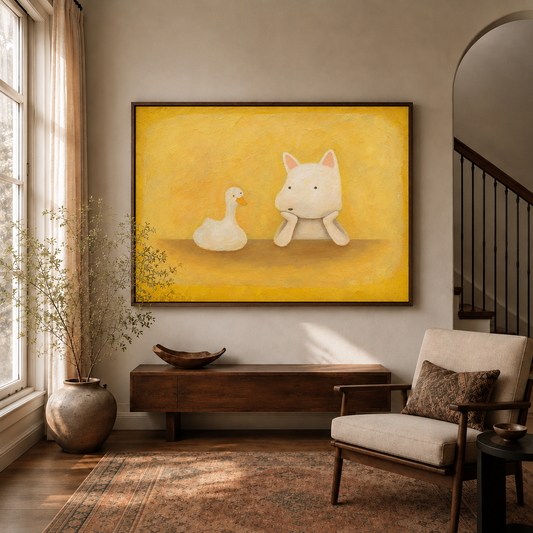 Framed whimsical duck and dog canvas wall art hanging in a sunlit entryway above a wooden console table