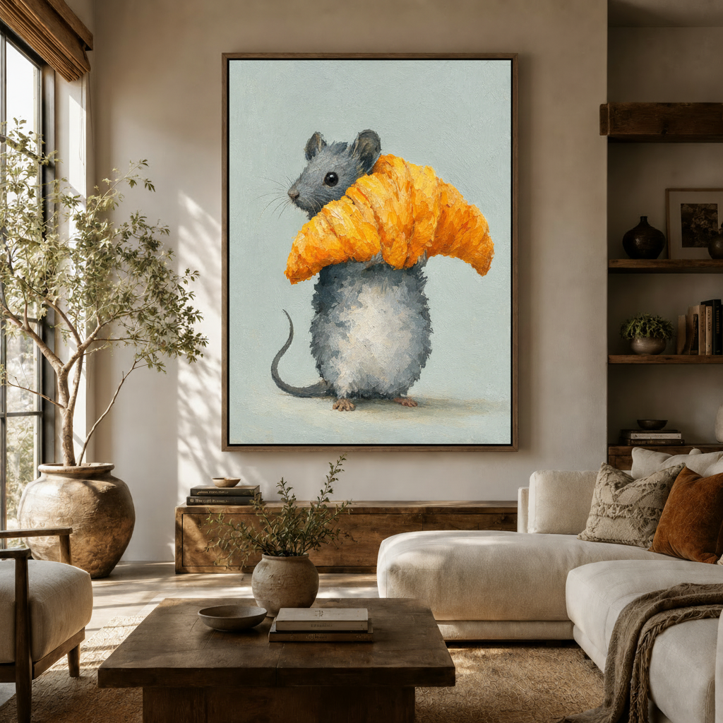 Whimsical mouse canvas wall art above living room sofa with warm neutral earthy decor