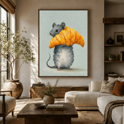 Whimsical mouse canvas wall art above living room sofa with warm neutral earthy decor