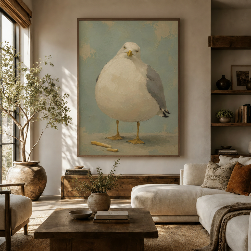 Chubby seagull oil painting canvas print displayed in a hallway with arched doorway and warm ambient lighting