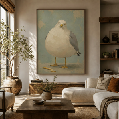 Chubby seagull oil painting canvas print displayed in a hallway with arched doorway and warm ambient lighting