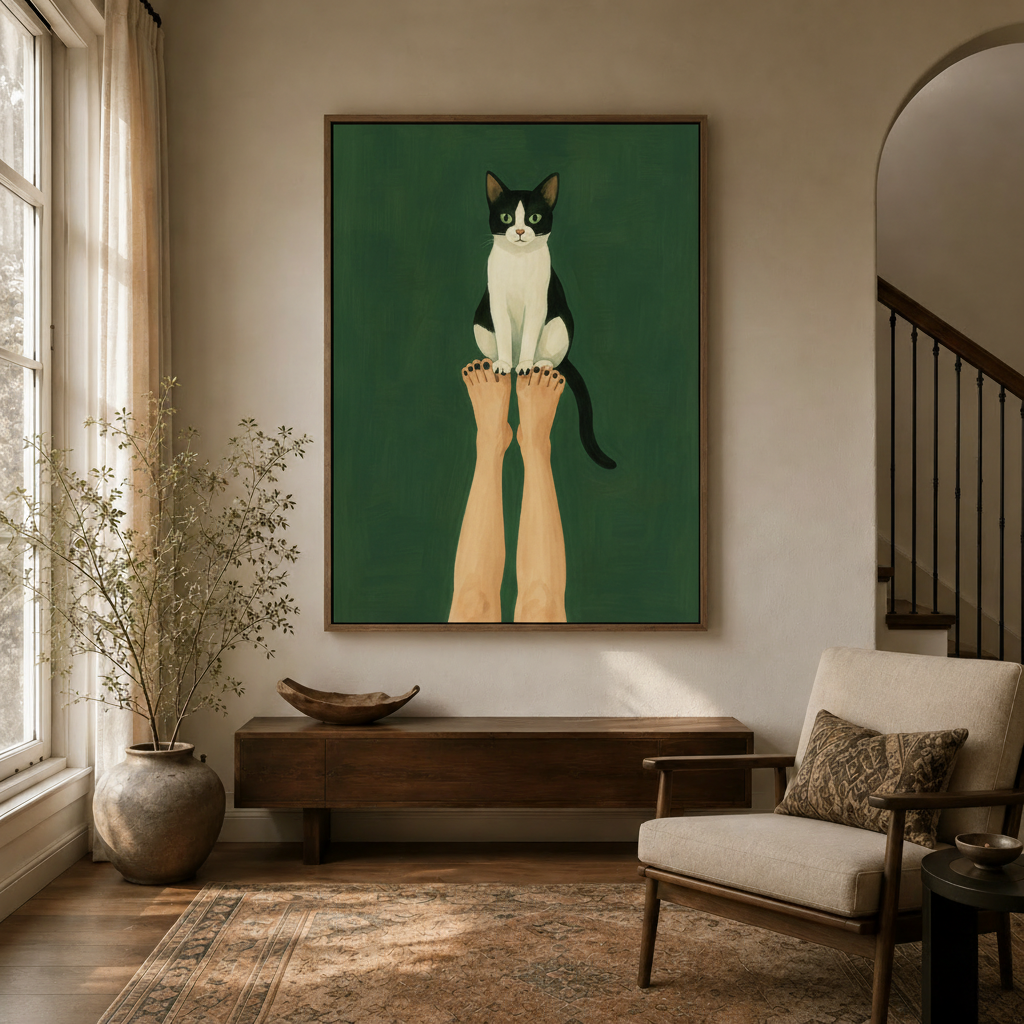 Tuxedo cat on feet canvas wall art in dark walnut frame displayed in warm neutral entryway