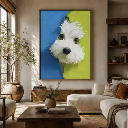 Peeking white Westie dog oil painting canvas in cozy living room with white sofa and olive tree