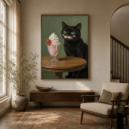Funny black cat with strawberry ice cream on face canvas wall art displayed in a warm entryway
