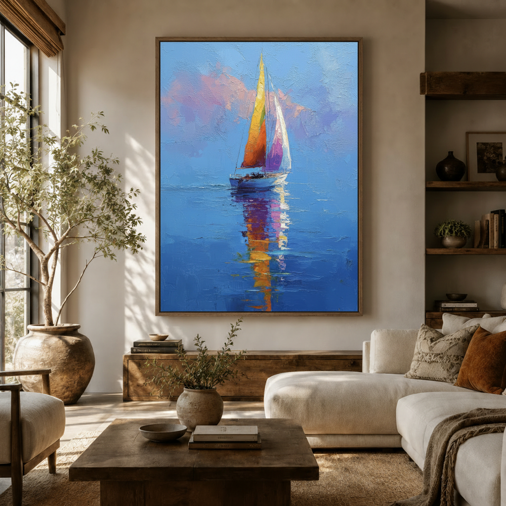 Colorful sailboat impasto oil painting in portrait frame displayed in warm living room above white linen sofa