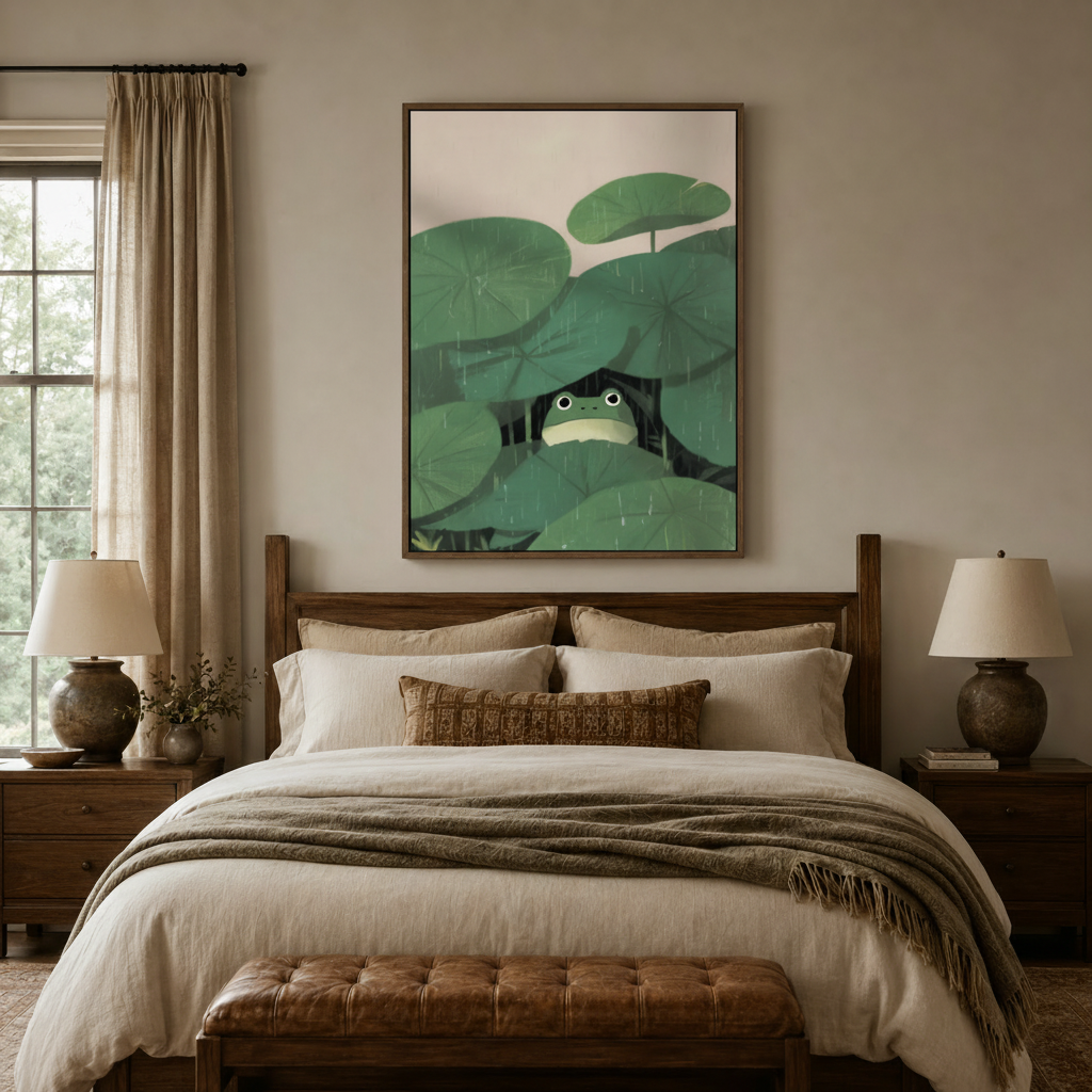 Minimalist frog under lotus leaves canvas in walnut float frame above cozy bedroom headboard