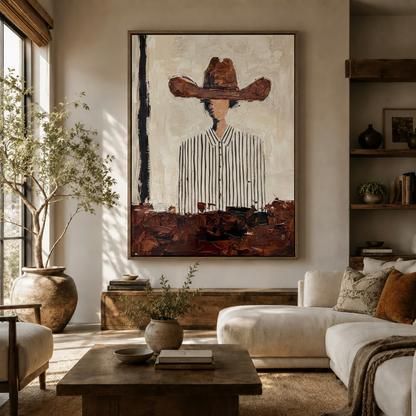 Large framed impasto cowboy painting displayed above a sofa in a warm neutral living room