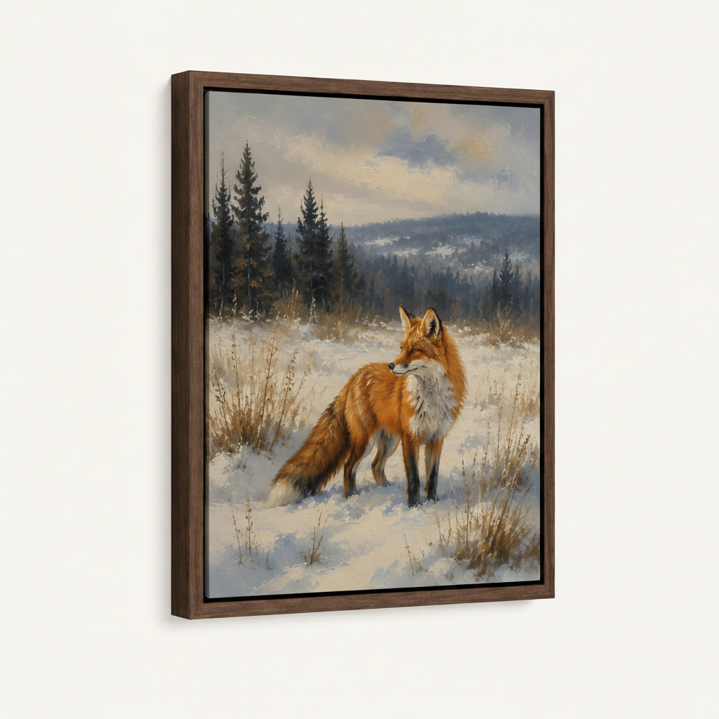 Framed canvas close-up of red fox standing in snowy meadow with pine forest and misty hills in background
