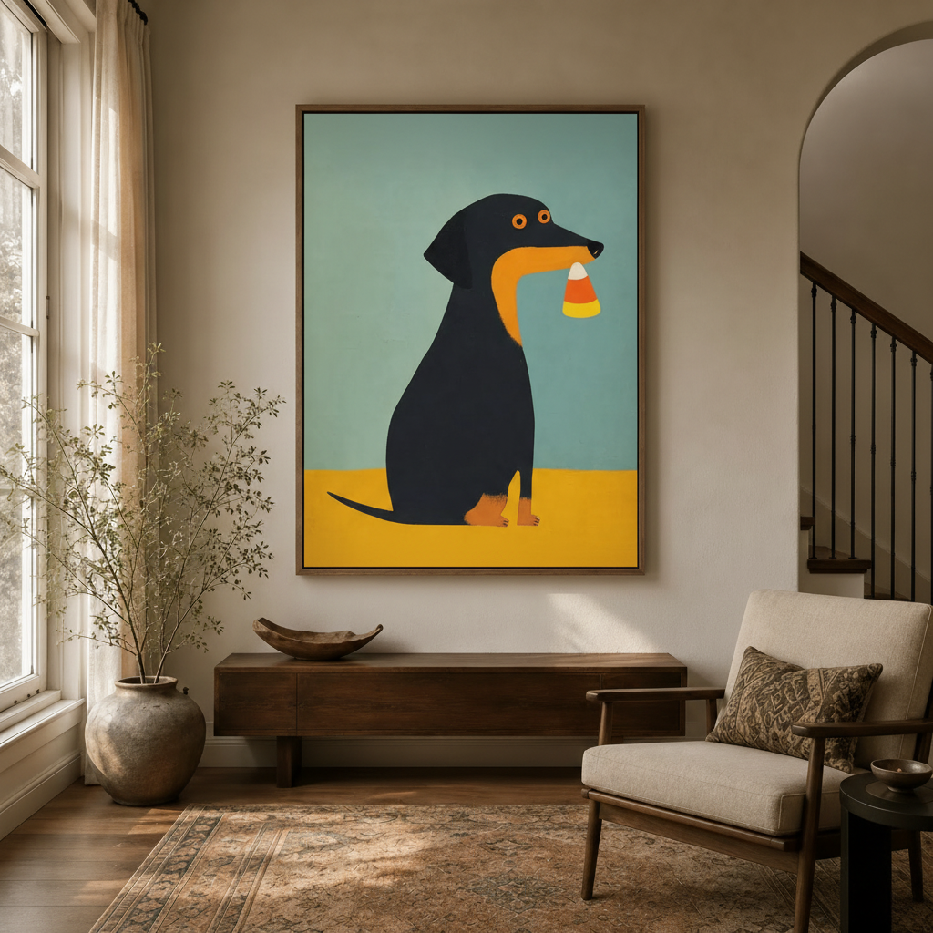 Flat graphic dachshund canvas art hanging in a cozy living room above a rustic wood console