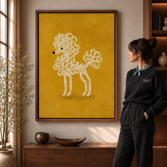 Playful white dog canvas wall art in a walnut frame beside a woman in dark clothing.