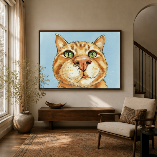 Orange tabby cat portrait comic canvas wall art displayed above console in warm neutral entryway