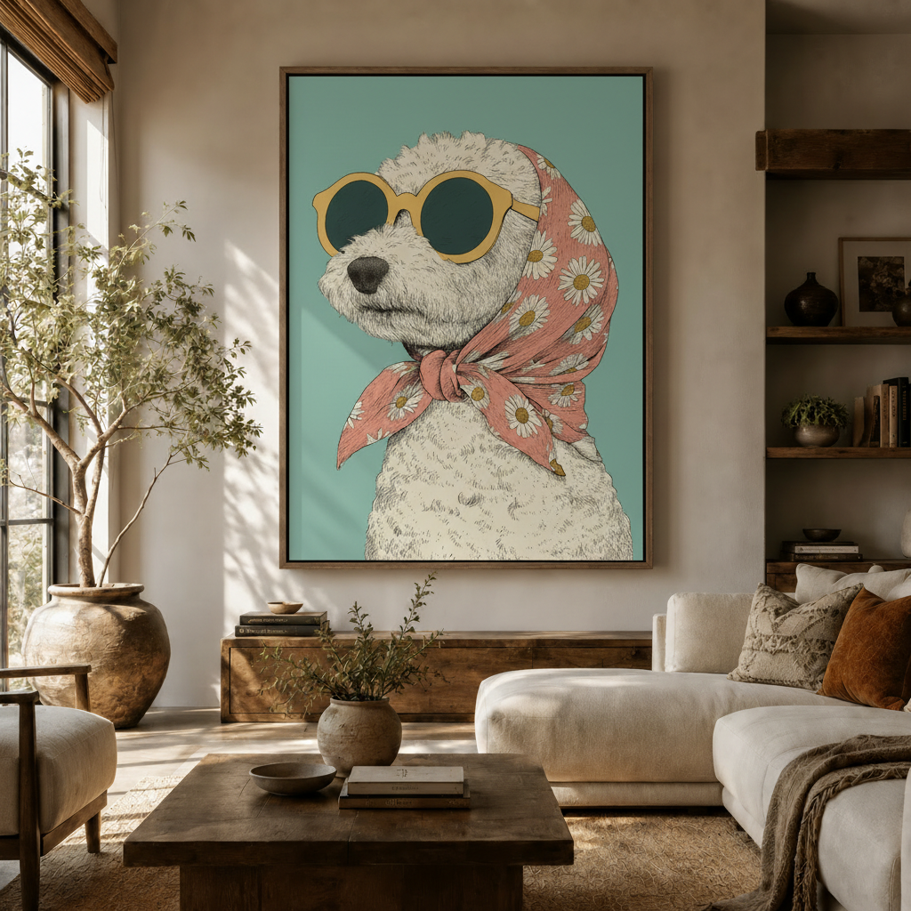 Retro poodle canvas wall art hanging in a warm earthy living room above a rustic wooden console