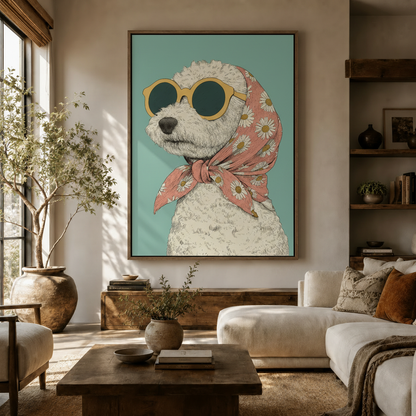 Retro poodle canvas wall art hanging in a warm earthy living room above a rustic wooden console