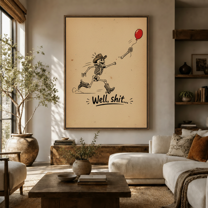 Funny cowboy skeleton running canvas wall art displayed in warm earthy living room