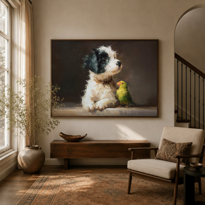 Impasto puppy and parrot canvas wall art styled in a warm entryway above a wooden console with dried branches