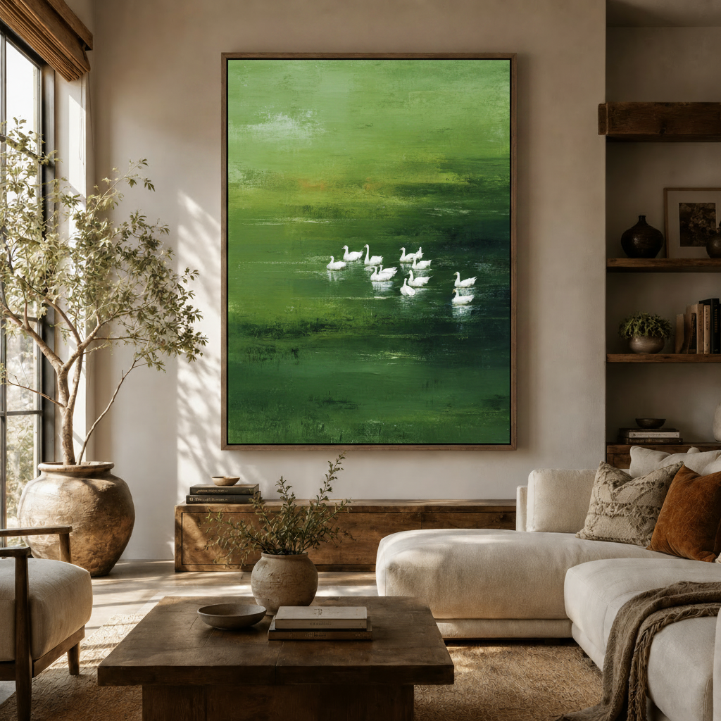 Impressionist white geese green lake canvas print displayed in warm neutral living room above wooden credenza