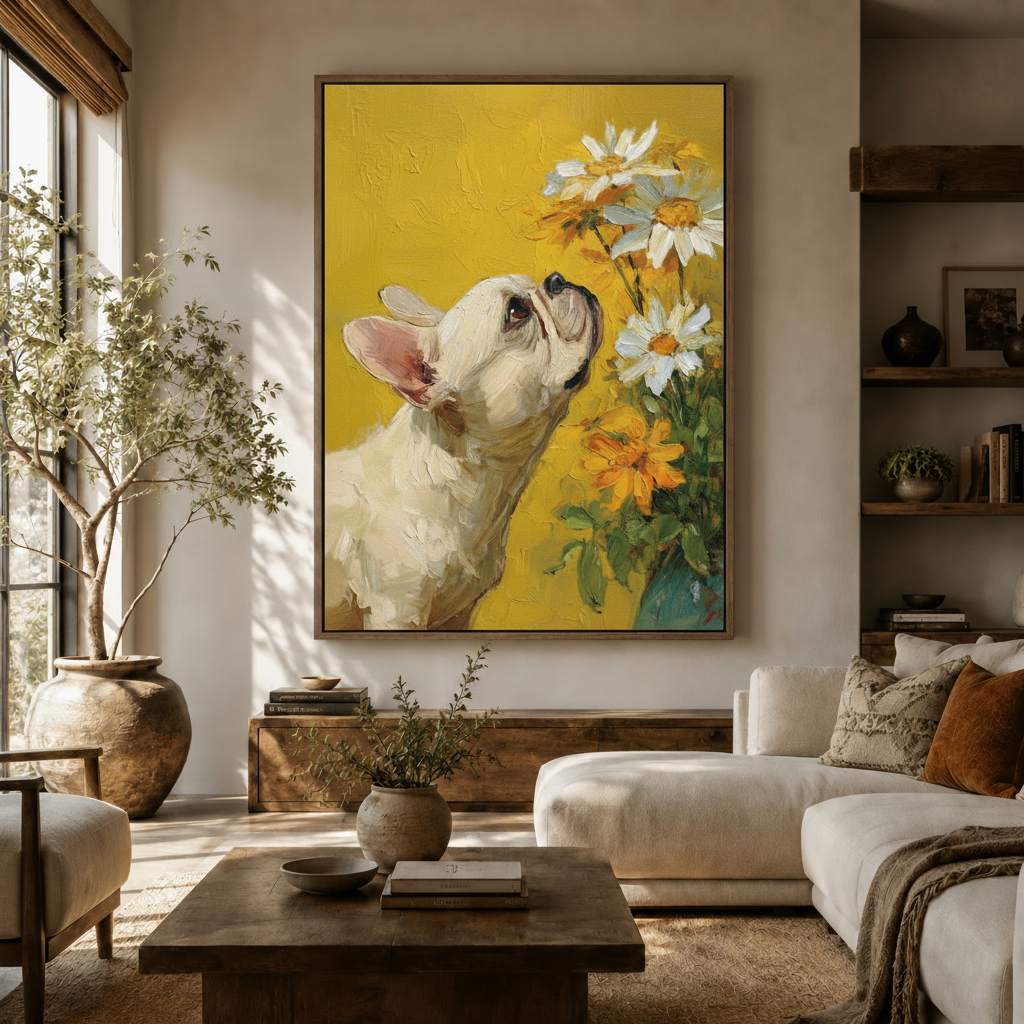 French Bulldog floral canvas wall art hung above wooden console in bright Scandinavian-style living room with white sofa