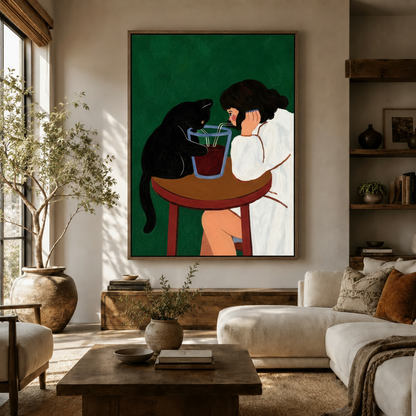 Black cat and girl sharing drink modern illustration canvas art in dark walnut frame above console in warm living room