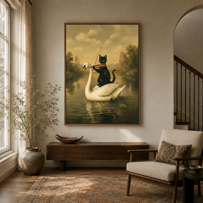 Black cat swan violin classical canvas art displayed in modern entryway above walnut console