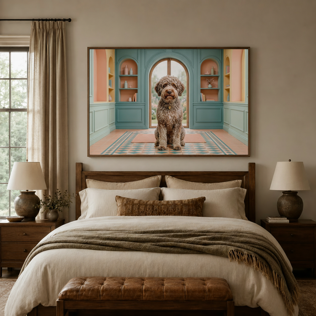 Labradoodle dog pastel room canvas wall art displayed above cozy bedroom headboard