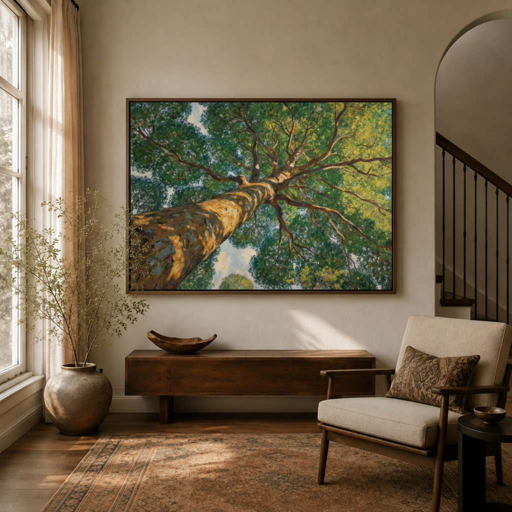 Worm's-eye view tree canopy oil painting canvas displayed in warm neutral living room entryway above walnut console