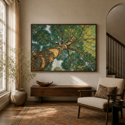 Worm's-eye view tree canopy oil painting canvas displayed in warm neutral living room entryway above walnut console
