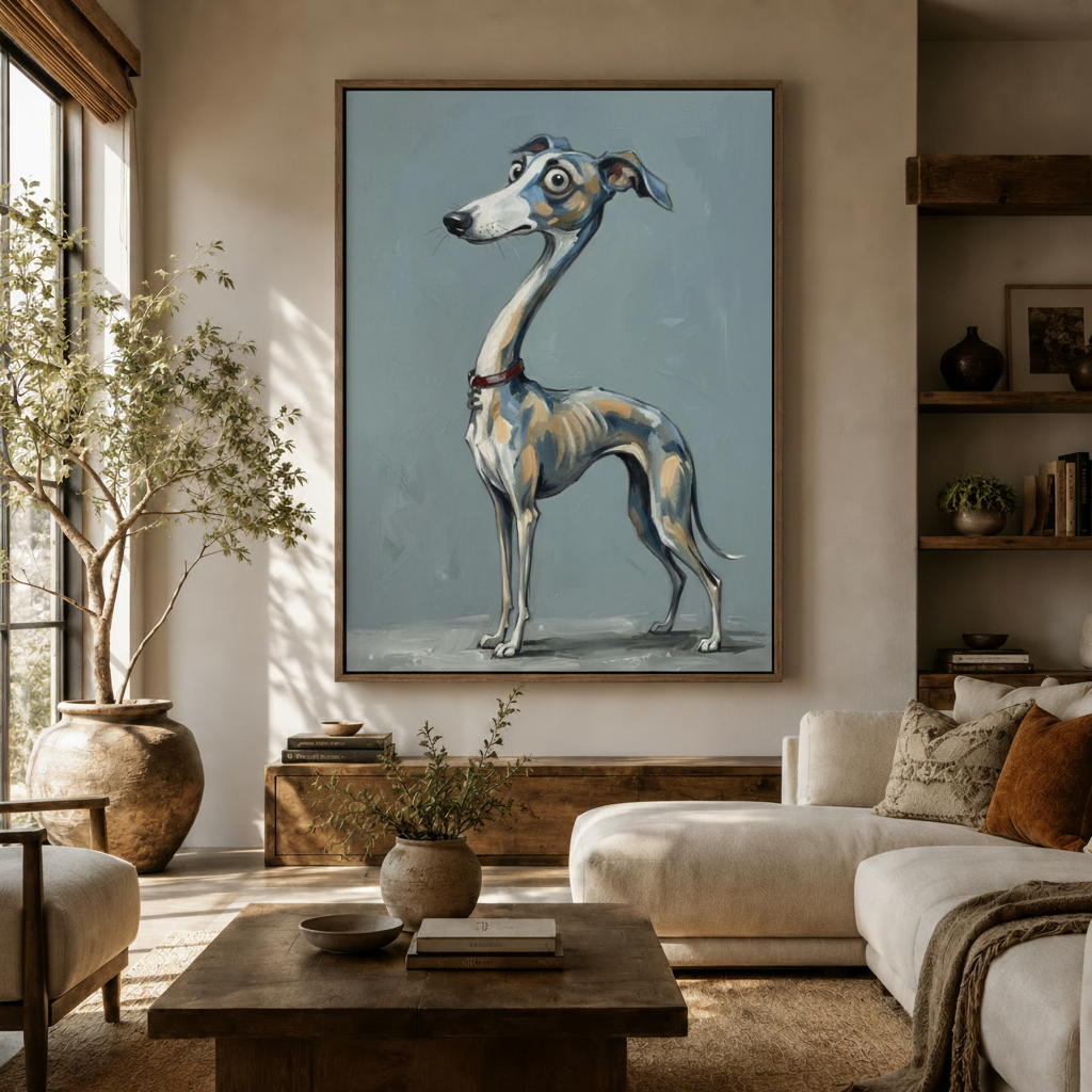 Whimsical greyhound dog canvas wall art displayed above a wooden sideboard in a bright modern living room
