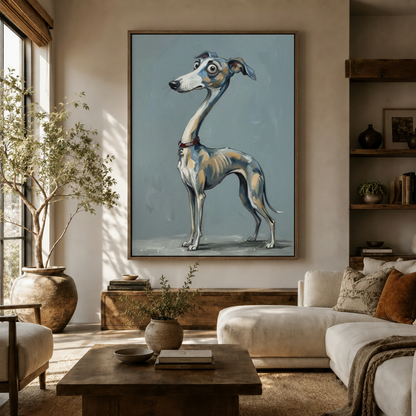 Whimsical greyhound dog canvas wall art displayed above a wooden sideboard in a bright modern living room