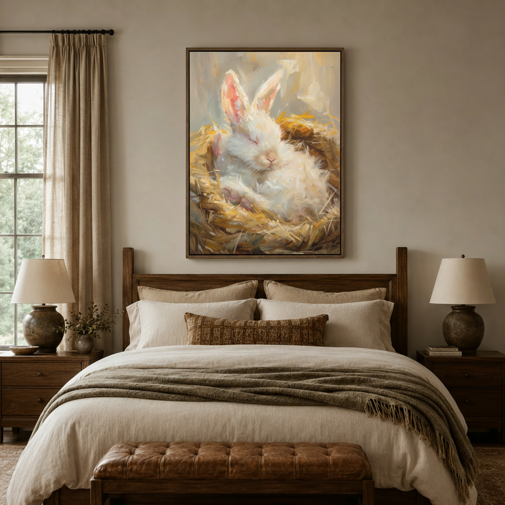Sleeping white bunny straw nest painterly canvas wall art displayed above bed in cozy warm bedroom
