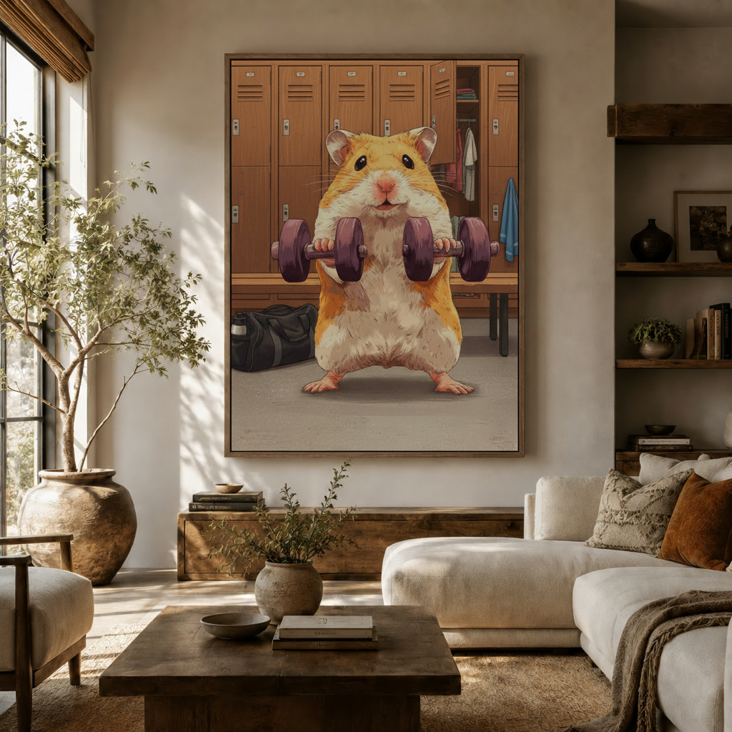 Funny hamster lifting dumbbells canvas art hanging above a white sofa in a bright living room