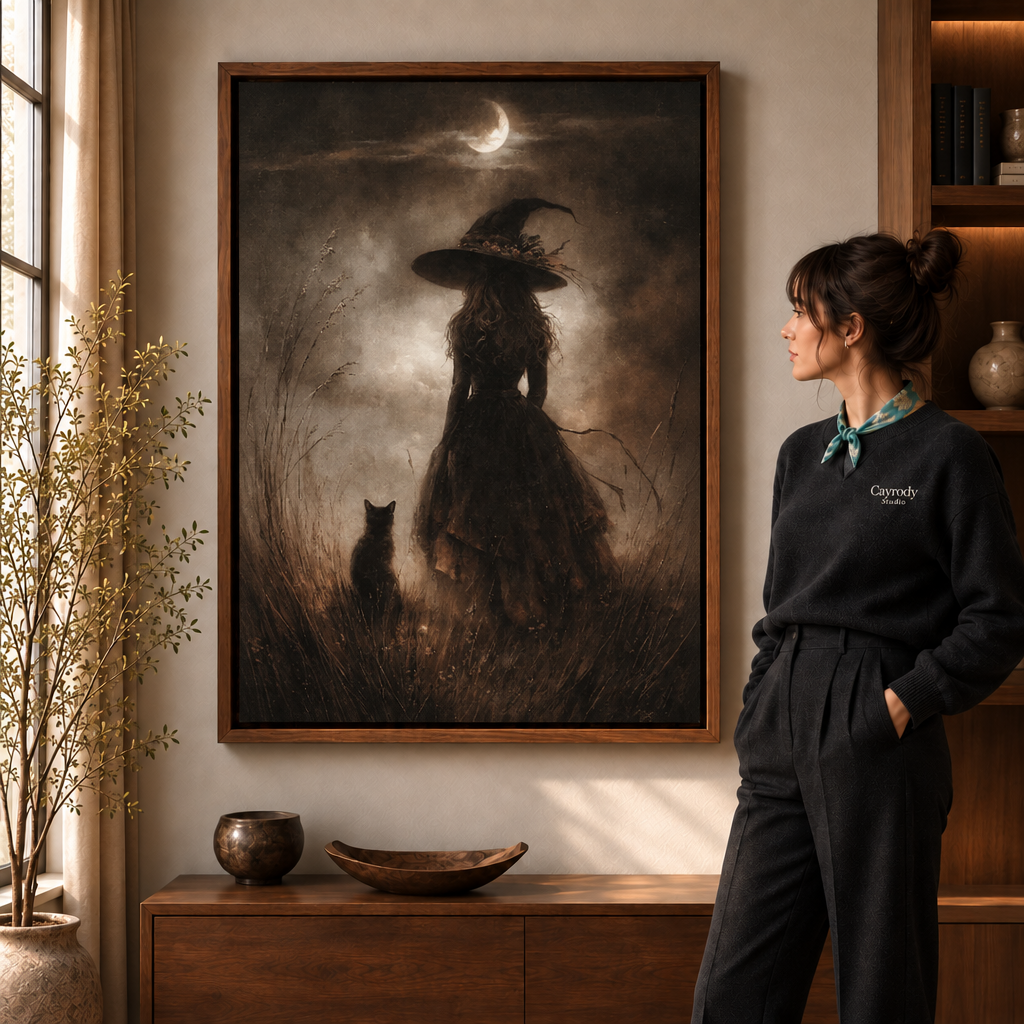 Framed witch and black cat crescent moon canvas displayed above a walnut console beside a woman.