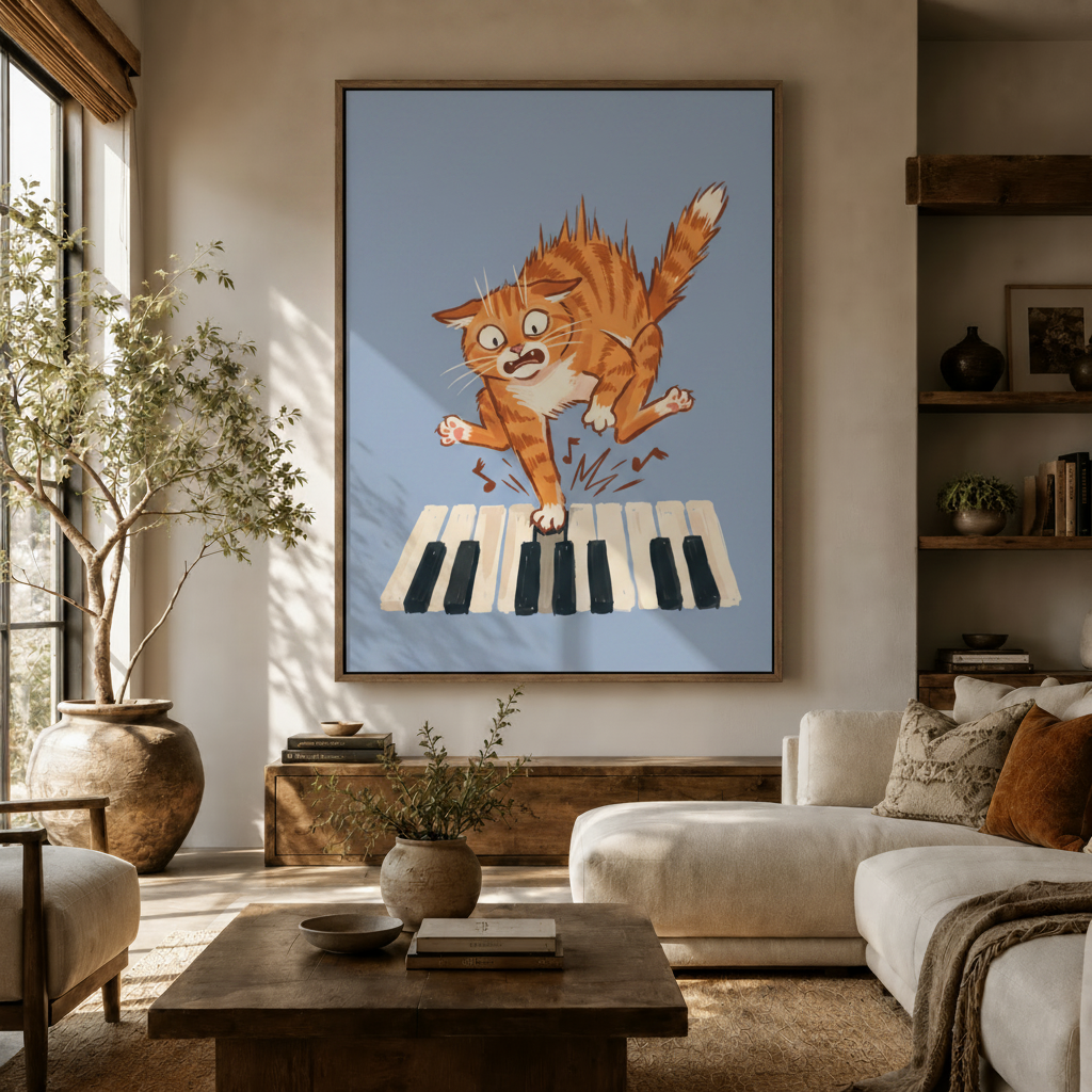  Funny orange cat piano canvas print displayed above console in warm modern living room