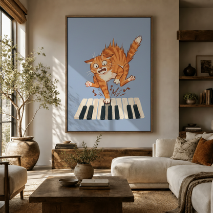  Funny orange cat piano canvas print displayed above console in warm modern living room